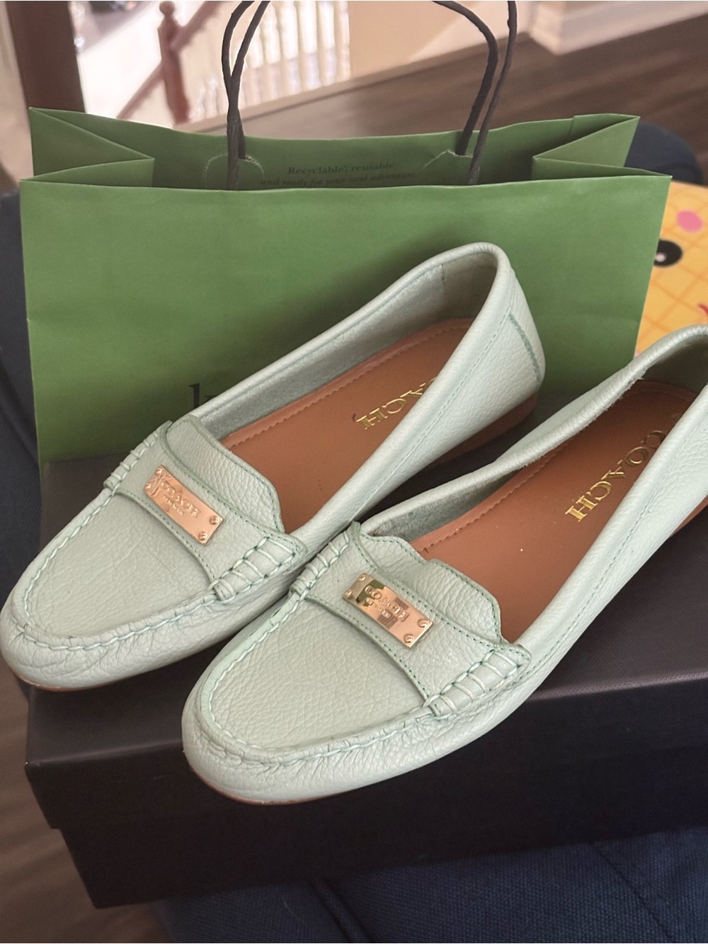 Coach Mint Green Leather Penny Loafers with Gold Plaque